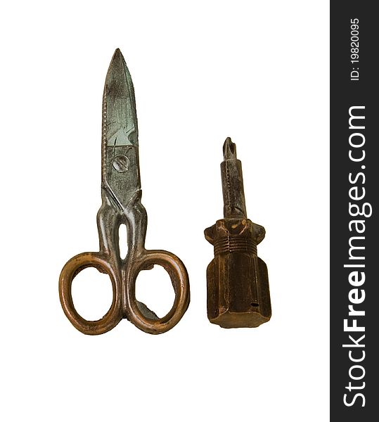 Chocolate Tools, scissor and screwdriver with white background