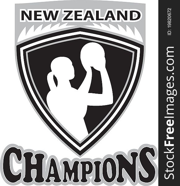 Illustration of a netball player with ball set inside shield with word Australia Champions. Illustration of a netball player with ball set inside shield with word Australia Champions