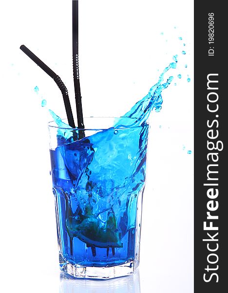 Blue Cocktail With Splashes Isolated On White