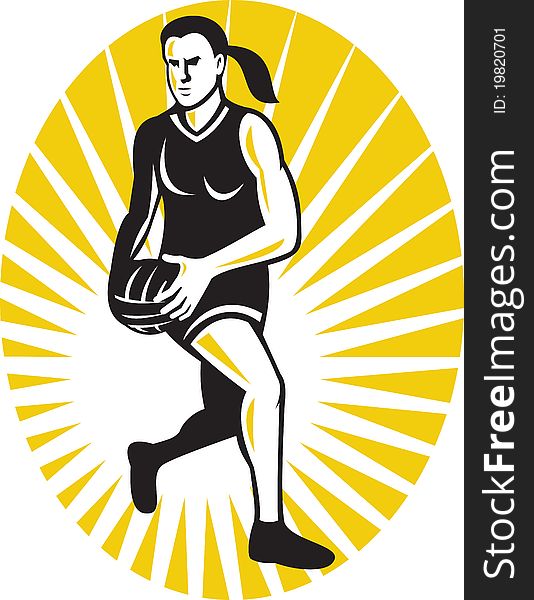 Illustration of a netball player running with the ball set inside oval done in retro style