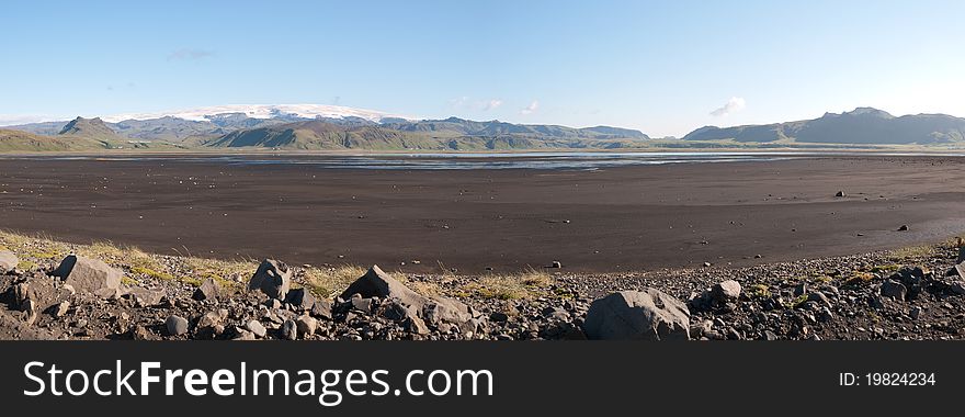 Panoramic of debris left by the passage of a glacier in Iceland Vik. Panoramic of debris left by the passage of a glacier in Iceland Vik