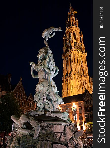 Brabo Fountain and Cathedral of Our Lady (1352-1521), Antwerp, Belgium