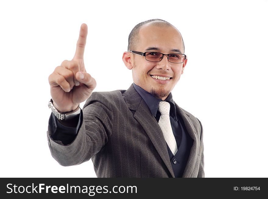 Businessman smile show number one fingers isolated white background
