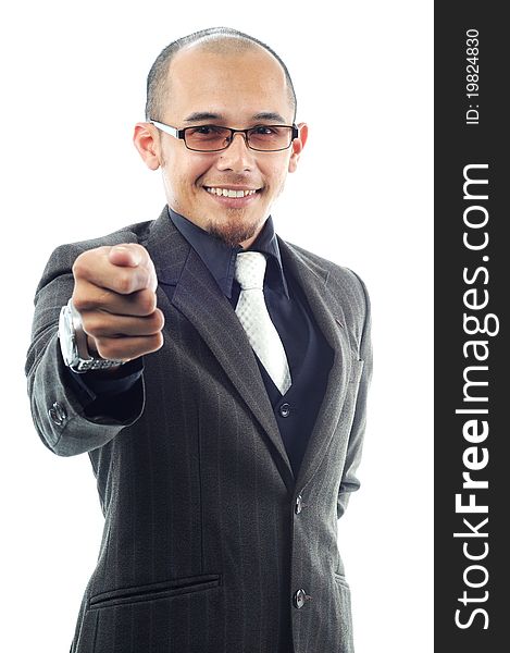 Bussinesman appoint his fingers with smile isolated white background