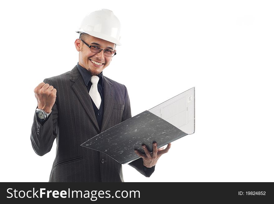 Engineer show sign of victory while reading his file