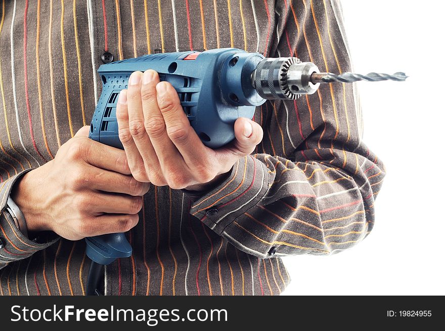 Hand hold electric powered drill isolated white background