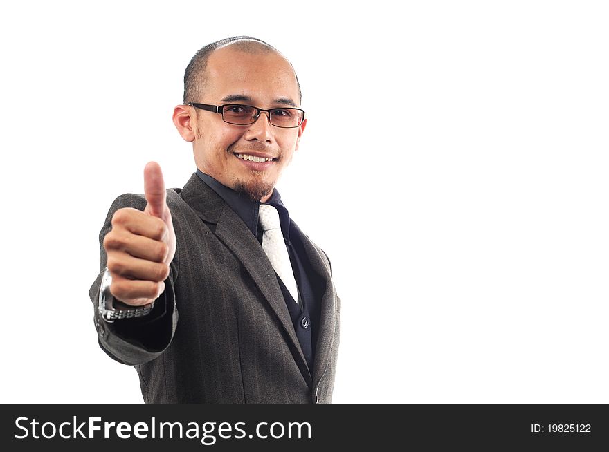 Happy businessman shows two thumbs up isolated white background