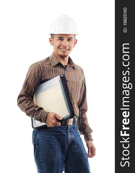Happy worker smile while holding a file isolated white background