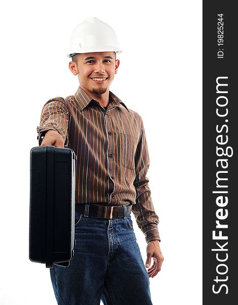 Happy workers pass the toolbox with smile isolated white background