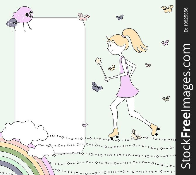 Vector Illustration of retro design greeting card with little girl on rollerblades and copy space for your text