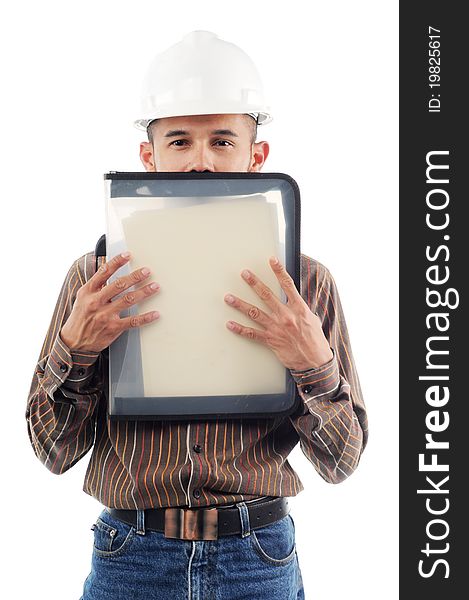 Workers hiding behind his performance file isolated white, background