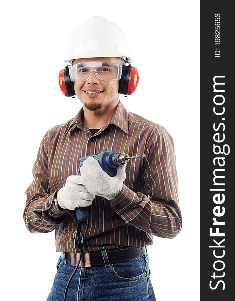 Workers smile while holding drill isolated white background