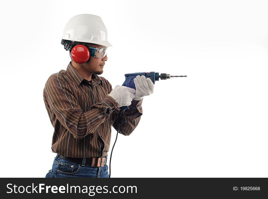 Workers holding drill with safety isolated white background