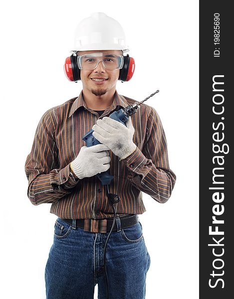 Workers smile while holding drill isolated white background. Workers smile while holding drill isolated white background