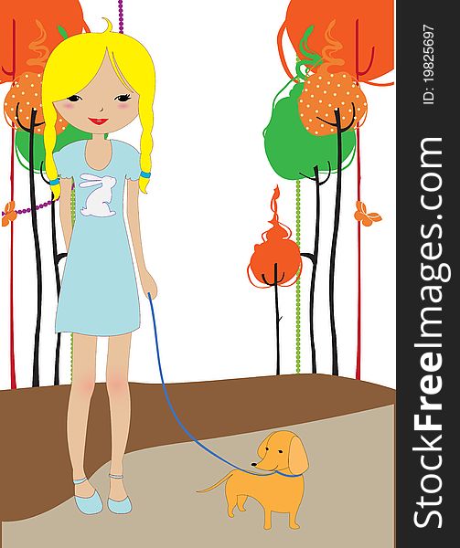 Vector illustration of little young girl walking with the dog