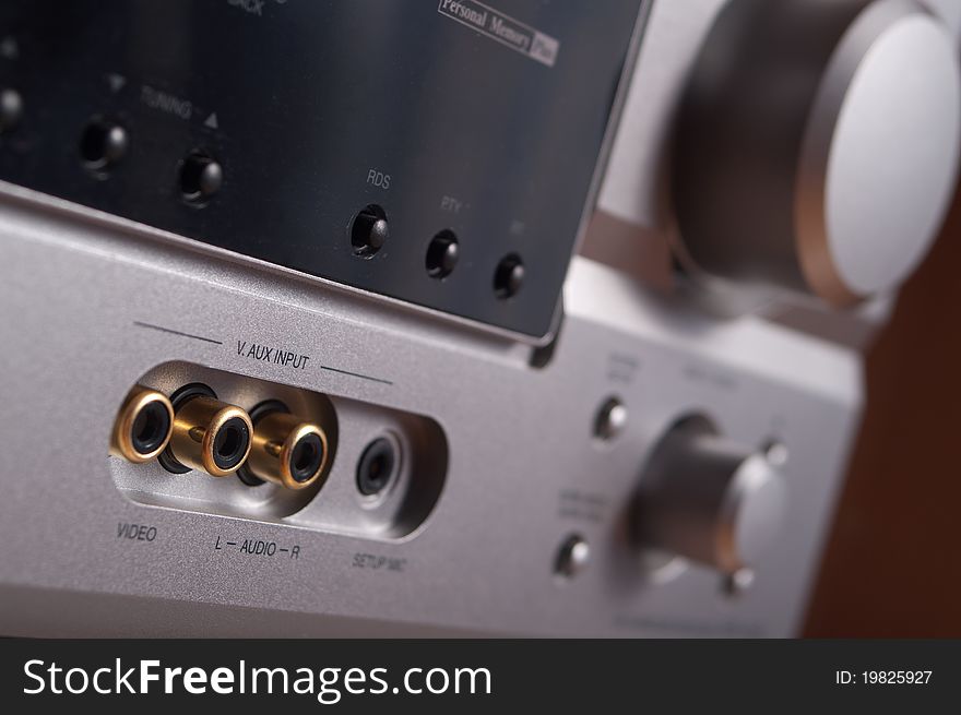 Silver audio amplifier macro closeup