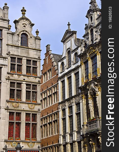 Architecture of Brussels. Ancient houses in the town square. Fragment. Spring, daylight.