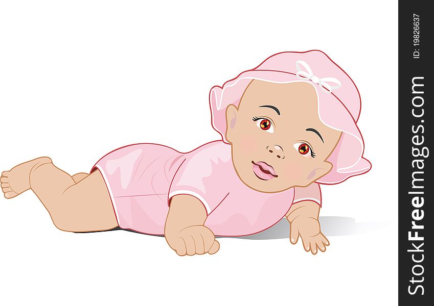 A baby girl lying on her stomach with a pink top on. Vector Illustration.