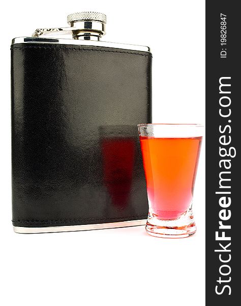 Flask and vodka isolated on white background