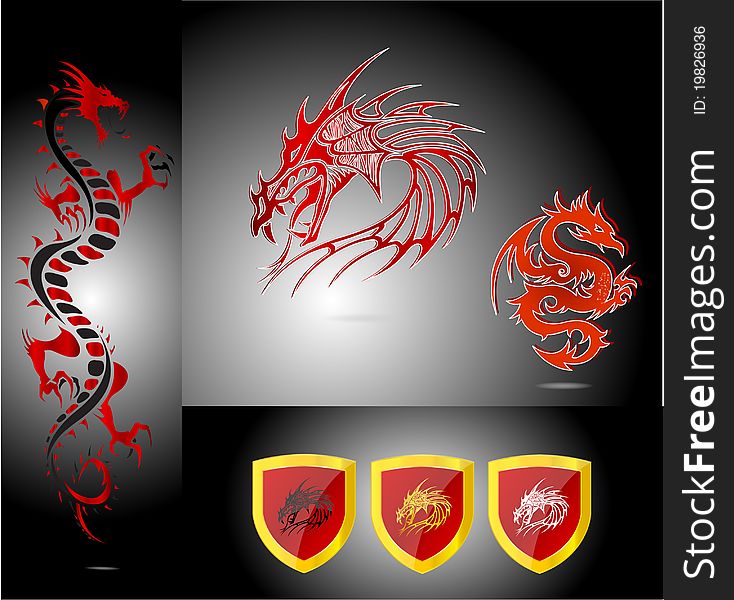 Emblems and dragons set red color isolated