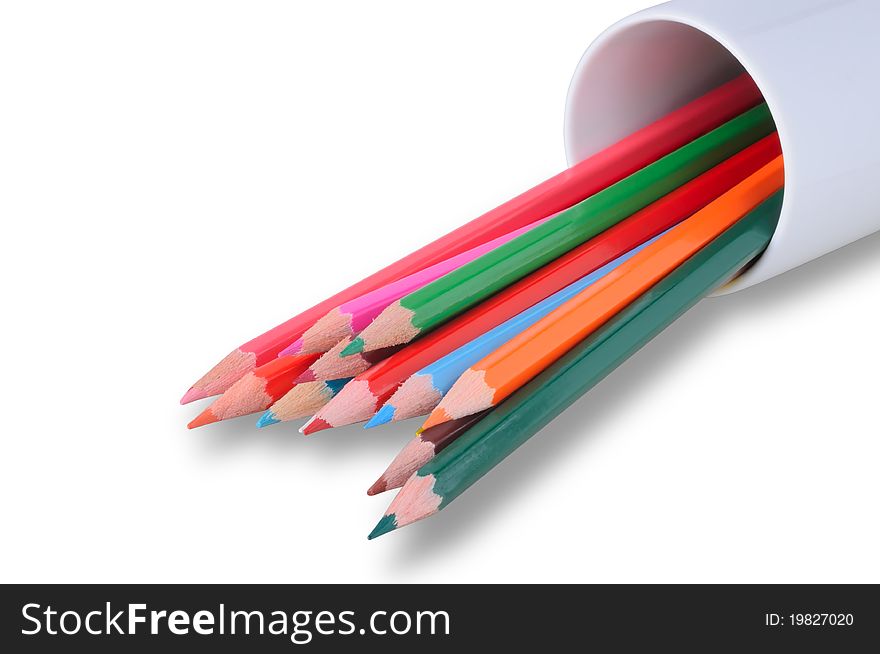 Stack of colored pencils isolated on white background