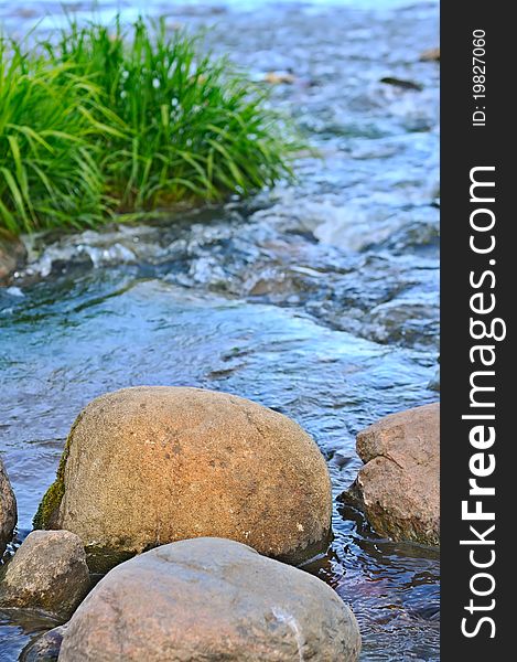 Mountain river with stones and vivid green grass