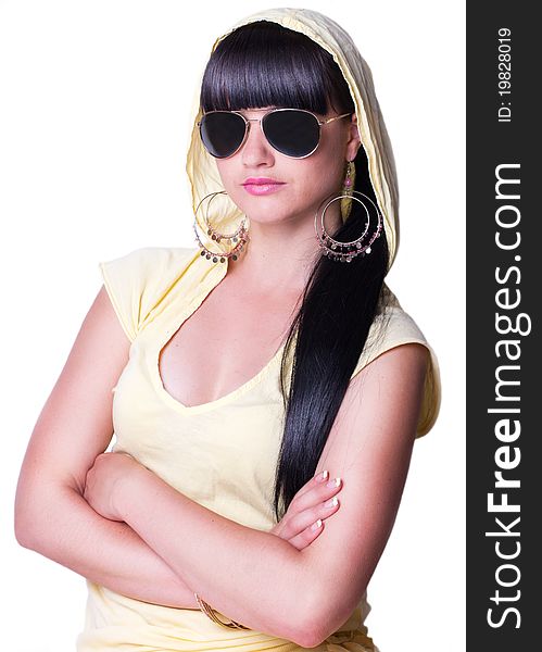 Single beautiful woman wearing sunglasses isolated on white