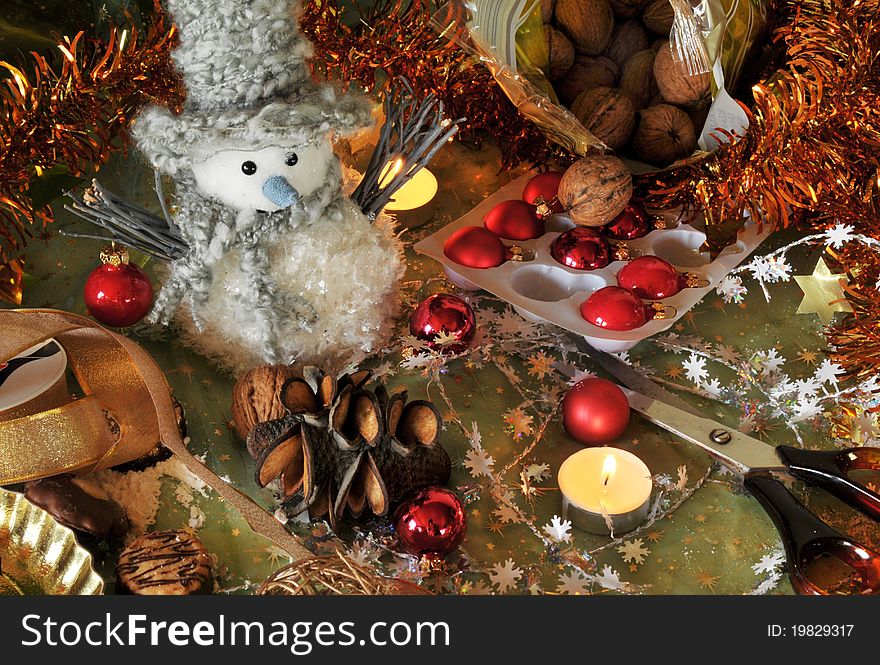 Christmas still life photo with snowman and candle. Christmas still life photo with snowman and candle
