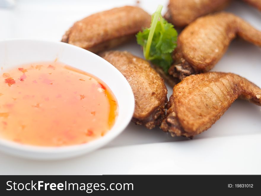 Fried chicen and thai Sauce, Close up shot.