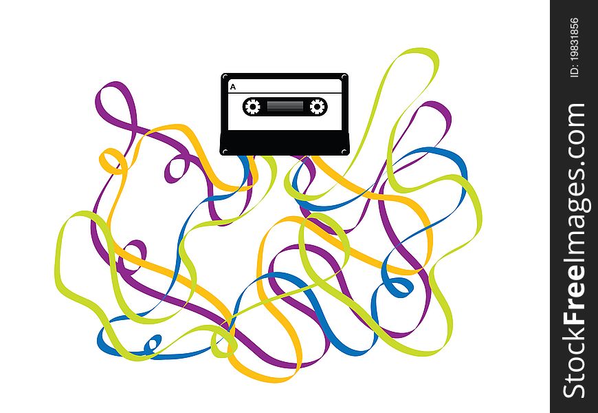 Old colorful audio cassette tape pulled out and tangled on white background. Old colorful audio cassette tape pulled out and tangled on white background.