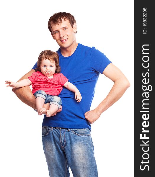 Happy family; young father and his daughter isolated against white background. Happy family; young father and his daughter isolated against white background