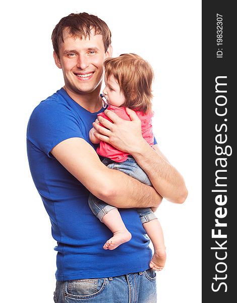 Happy family; young father and his daughter isolated against white background. Happy family; young father and his daughter isolated against white background