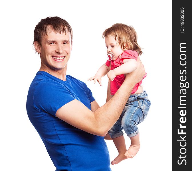 Happy family; young proud father and his daughter isolated against white background. Happy family; young proud father and his daughter isolated against white background