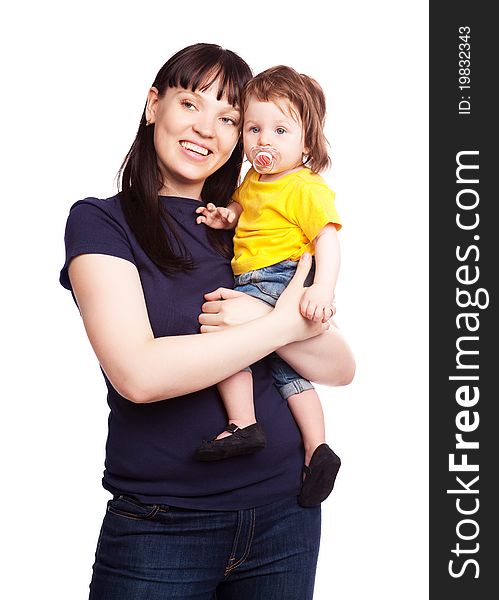 Happy family, young beautiful mother embracing her daughter, isolated against white background. Happy family, young beautiful mother embracing her daughter, isolated against white background