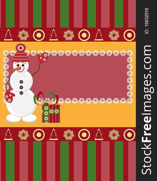 Christmas card with snowman with gift. Christmas card with snowman with gift