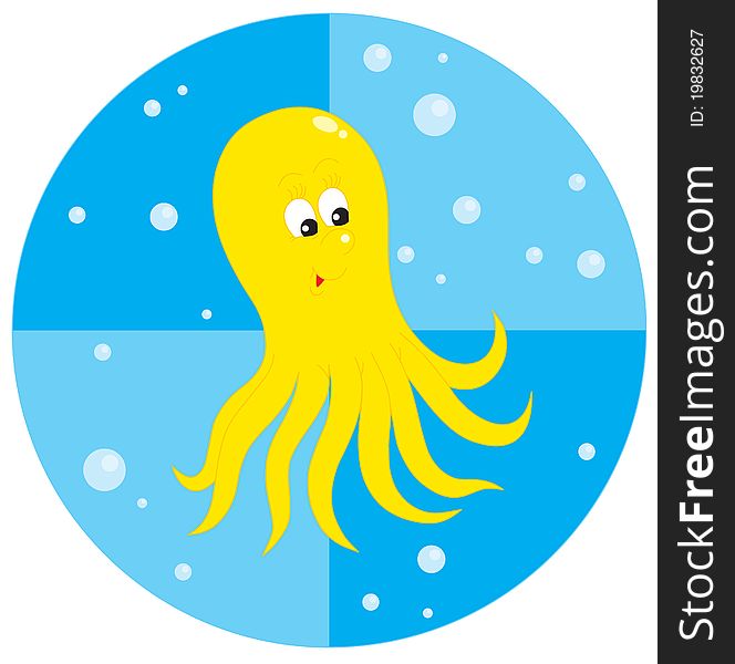Vector clip-art illustration of a funny yellow octopus with bubbles