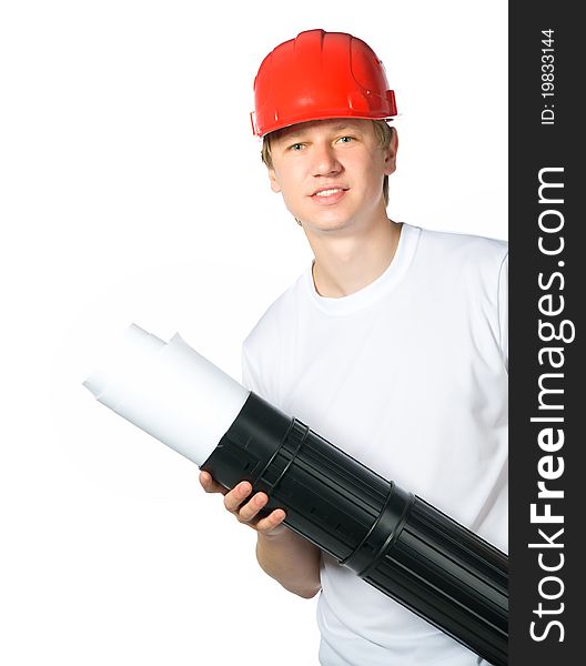 Portrait of a builder on a white background