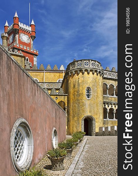 A view of the beautiful of Pena palace in the national park of the Sintra hills in Portugal. A view of the beautiful of Pena palace in the national park of the Sintra hills in Portugal