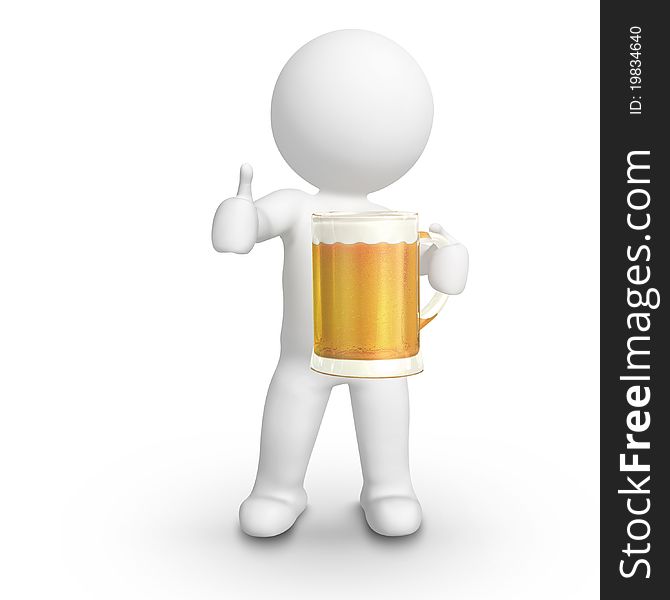 Man with beer mug, thumbs up, isolated white