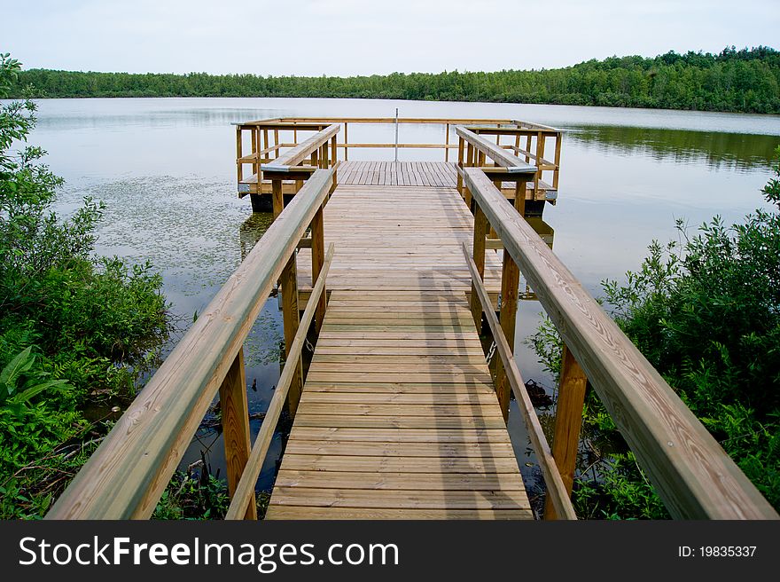 Viewing floating platform on the lake Obradowskie, Poland. Viewing floating platform on the lake Obradowskie, Poland