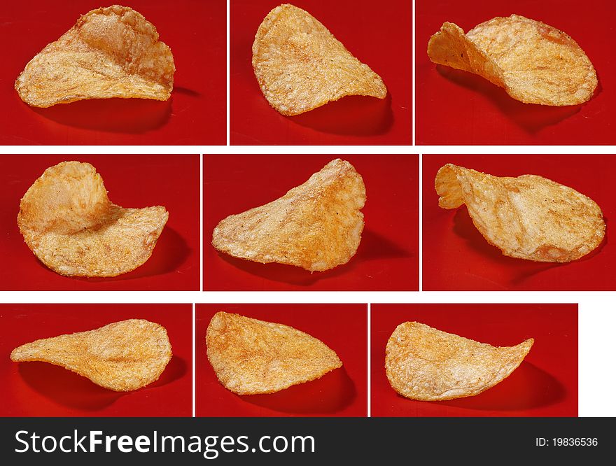 Slice of  potato chips islolated on red background