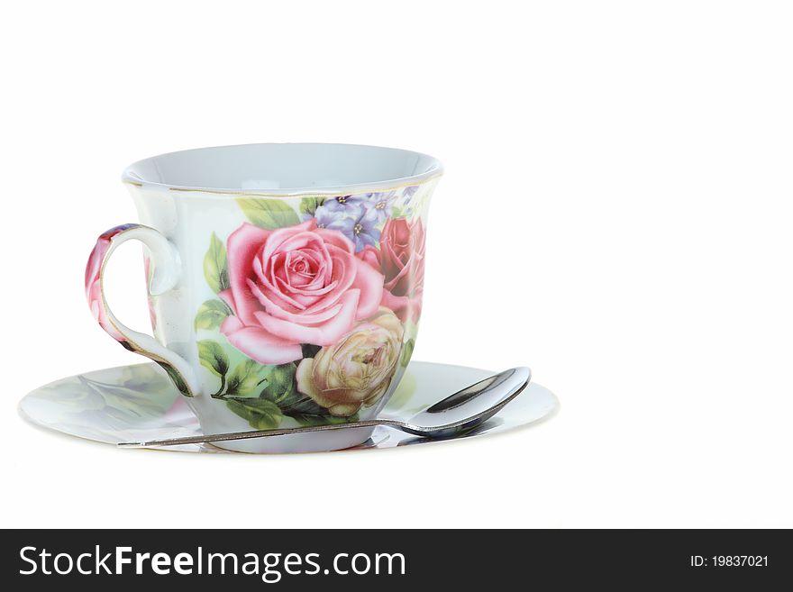 Coffee empty stripes cup is rose on white background