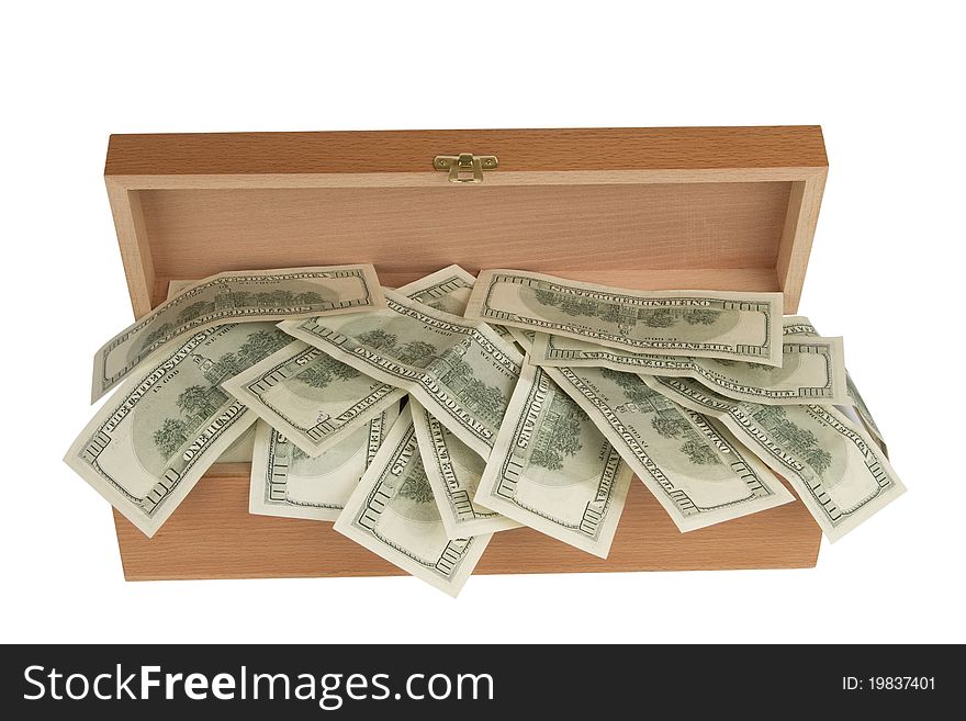 Wooden box  with dollars, isolated on white background. Wooden box  with dollars, isolated on white background