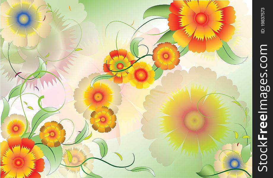 Color background with flowers and leaves and swirl. Color background with flowers and leaves and swirl