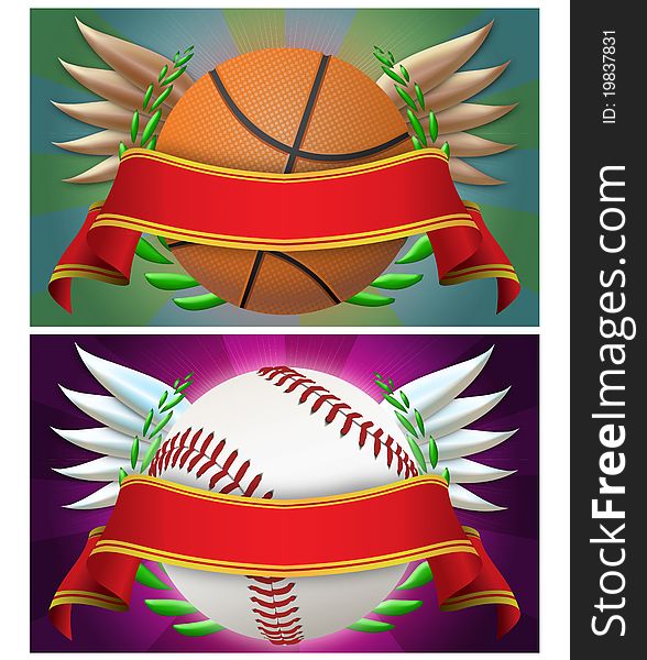 Two illustrations emblems sport with red stripe, abstract background. 
one with basket ball and one with baseball ball. easy clipping. Two illustrations emblems sport with red stripe, abstract background. 
one with basket ball and one with baseball ball. easy clipping