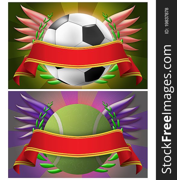 Two illustrations emblems sport with red stripe, abstract background. one with soccer ball and one with tennis ball. easy clipping. Two illustrations emblems sport with red stripe, abstract background. one with soccer ball and one with tennis ball. easy clipping