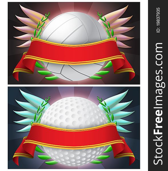 Two illustrations emblems sport with red stripe, abstract background. one with volley ball and one with golf ball. easy clipping. Two illustrations emblems sport with red stripe, abstract background. one with volley ball and one with golf ball. easy clipping