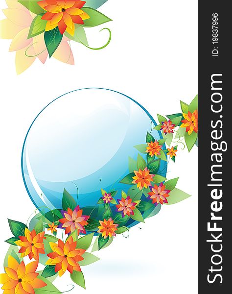 Background with pictures of flowers with the leaves around a blue circle. Background with pictures of flowers with the leaves around a blue circle