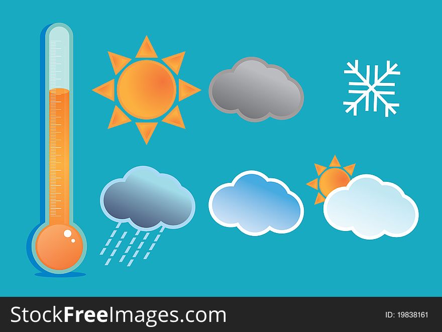 Icon set for symbolic weather conditions which incluce a sun, clouds, snow flake and a thermometer. V8 compatible. Icon set for symbolic weather conditions which incluce a sun, clouds, snow flake and a thermometer. V8 compatible