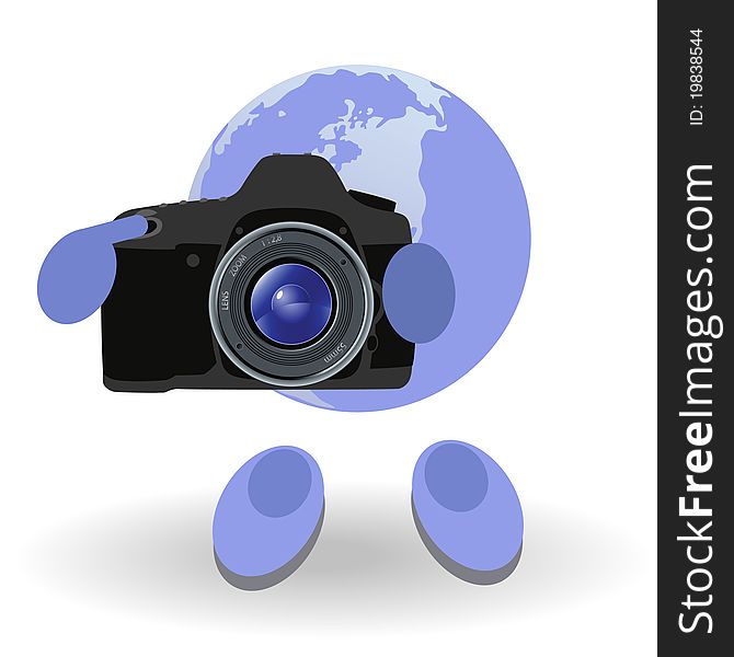 The round man and reflex camera on a white background